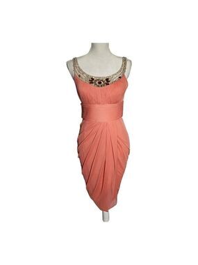 Adrianna Papell Size 10 Coral Peach Beaded Ruched Draped Cocktail Dress